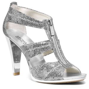 Michael Kors Silver Glitter T- Strap heels Sandals Berkley